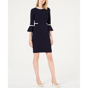 Calvin Klein Blue and White Sheath Dress with Bell Sleeves